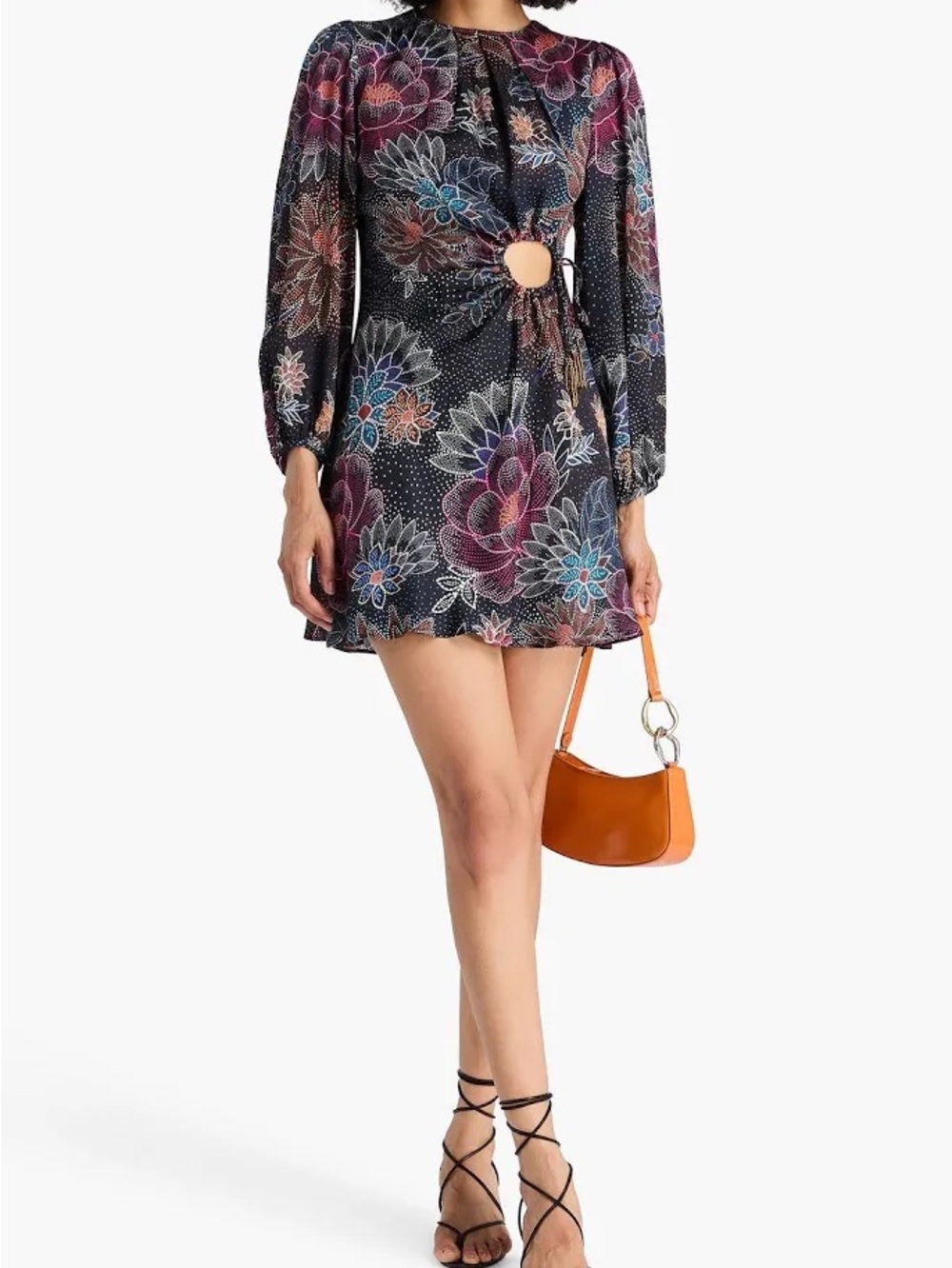 FARM Rio Black Floral Cutout Long-Sleeve Mini Dress